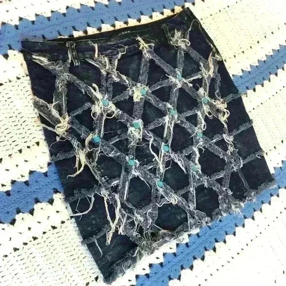 NWT Comme USA Denim Rhinestone Destroyed Skirt - Picture 4 of 10